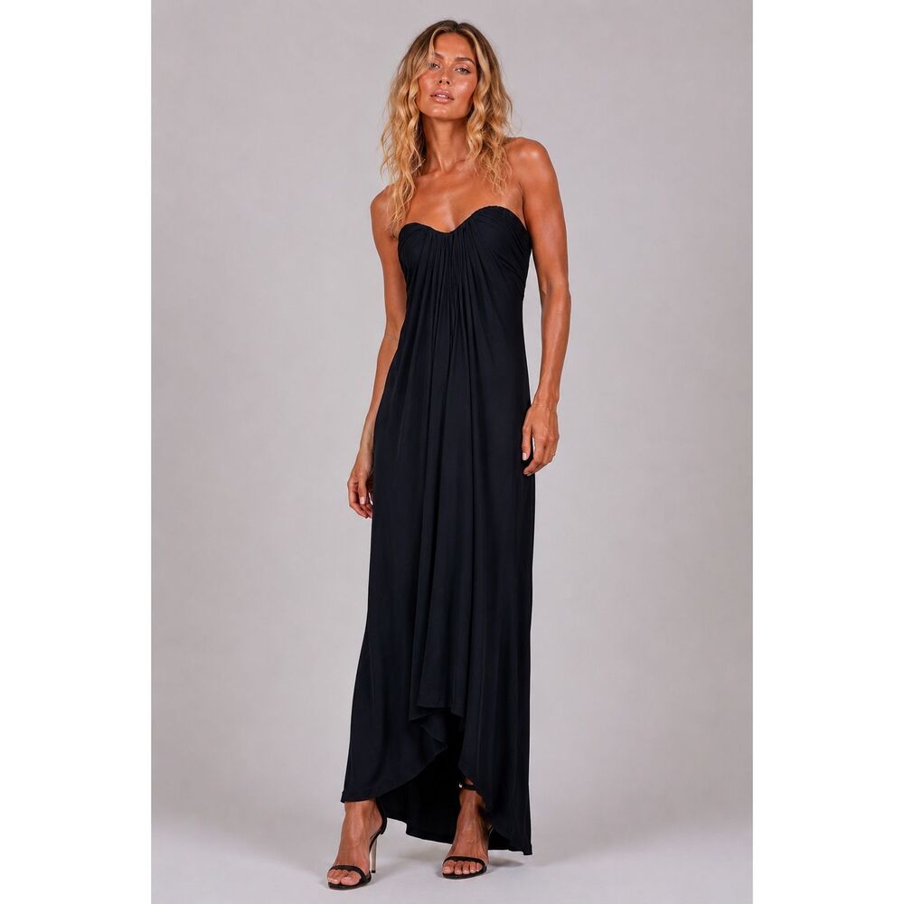 Thomas Wylde Black Strapless Corset Maxi Dress Silk Trim Ruched Bodice Open Back